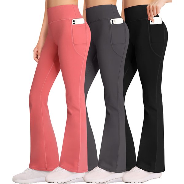 Aenlley Girl Yoga Flare Wide Leg Tummy Control Stretchy Pants for Causal with Pockets 3 Pack