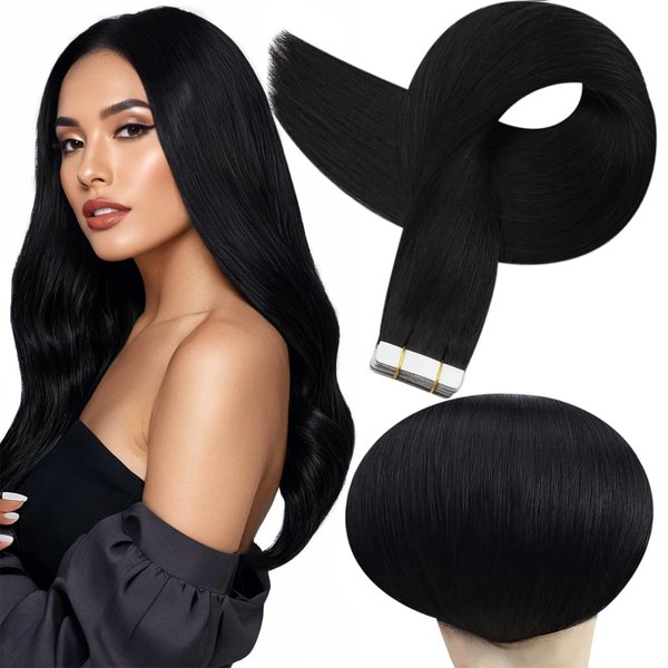 Full Shine Real Human Hair Tape in Extensions Black 24 Inch Double Sided Tape for Skin Weft Hair Extensions Tape in 20Pcs 50 Gram Color 1 Jet Black Seamless Tape in Hair Extensions Straight Human Hair