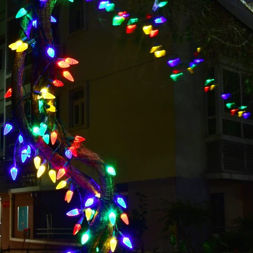 Strawberry Solar Christmas String Lights Outdoor Decor,50LED Christmas Decorations Multicolor C6 Strawberry Solar Garden Lights, Waterproof Christmas Solar Decorative Lights for Xmas Tree,Roofline