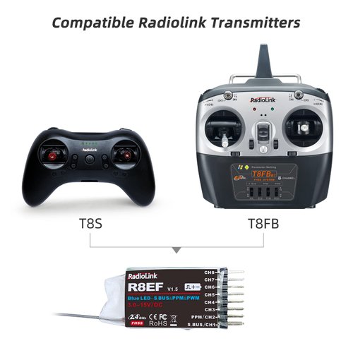 Radiolink R8EF 8 Channels 2.4GHz RC Receiver SBUS/PPM/PWM Long Range Control RX for Airplane Vehicles Robots Transmitter T8FB T8S RC8X RC4GS V3 RC6GS V3