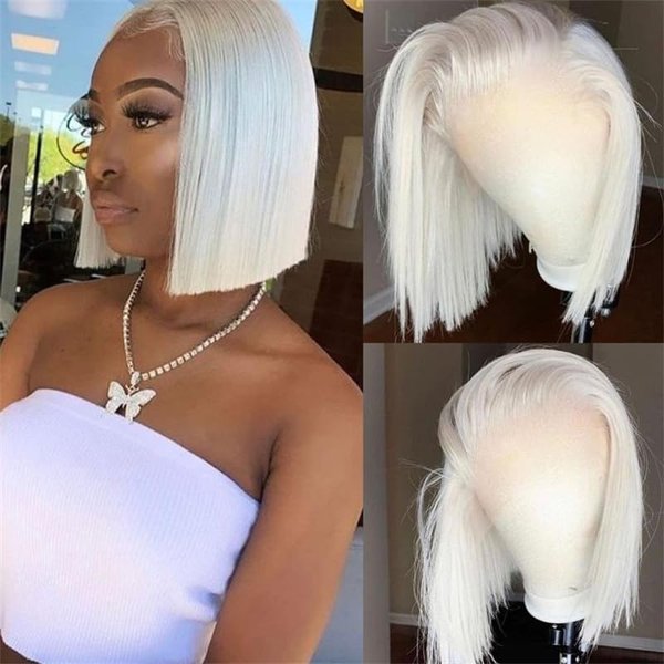 Guanyuhair 13x4#60 Color Platinum Blonde Short Bob Wigs Lace Front Wig Human Hair With Pre Plucked Brazilian Ash Blonde Straight Bob Wig (8inch)