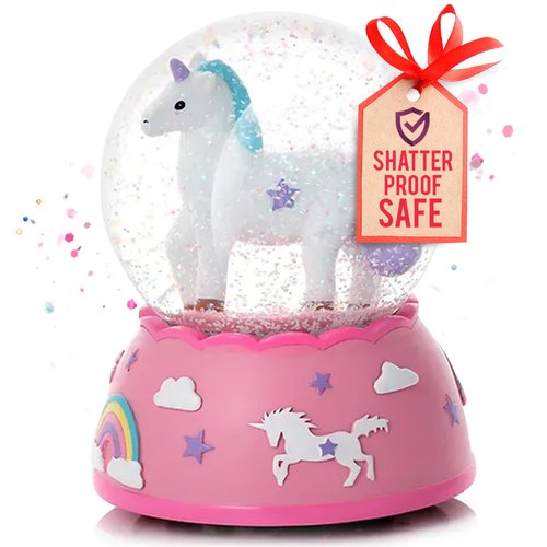 Daughters List Unicorn Snow Globe for Girls - Handpainted Figurine with Musical Melody & Shatterproof Plastic Crystal Sphere, Sparkling Glitter Ornament, Ideal for Birthday Gift & Home Decor - Pink