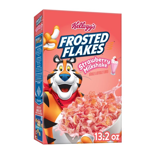 Frosted Flakes Breakfast Cereal, 8 Vitamins and Minerals, Kids Snacks, Strawberry Milkshake, 13.2oz Box (1 Box)