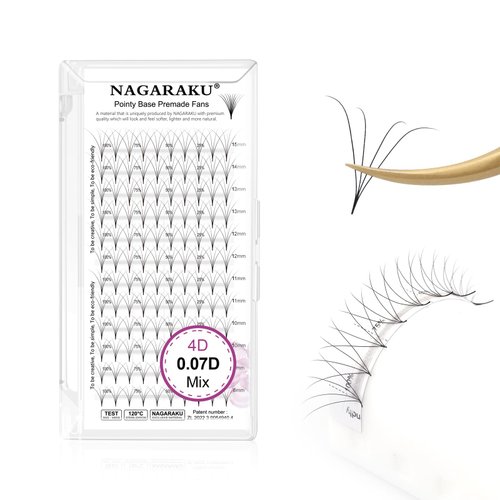 NAGARAKU Premade Fans Eyelash Extensions Premade Volume Fans Lash Extensions 120 Fans 4D 0.07D Curl 8-15mm Mix Sharp Narrow Stem Clusters Thin Pointy Base Russian Fans Ready Volume Premade Lash Fan