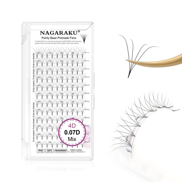 NAGARAKU Premade Fans Eyelash Extensions Premade Volume Fans Lash Extensions 120 Fans 4D 0.07D Curl 8-15mm Mix Sharp Narrow Stem Clusters Thin Pointy Base Russian Fans Ready Volume Premade Lash Fan