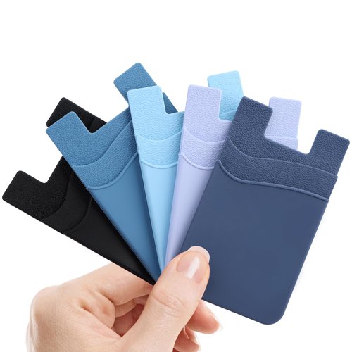 Zemexy Phone Wallet Stick on,5Pack Phone Card Holder for Back of Phone Case,Silicone Sticky Credit Card Holder for Cell Phone Double Pocket Sticker All Smartphones—Navy,Sierra,Pastel,Blue,Black