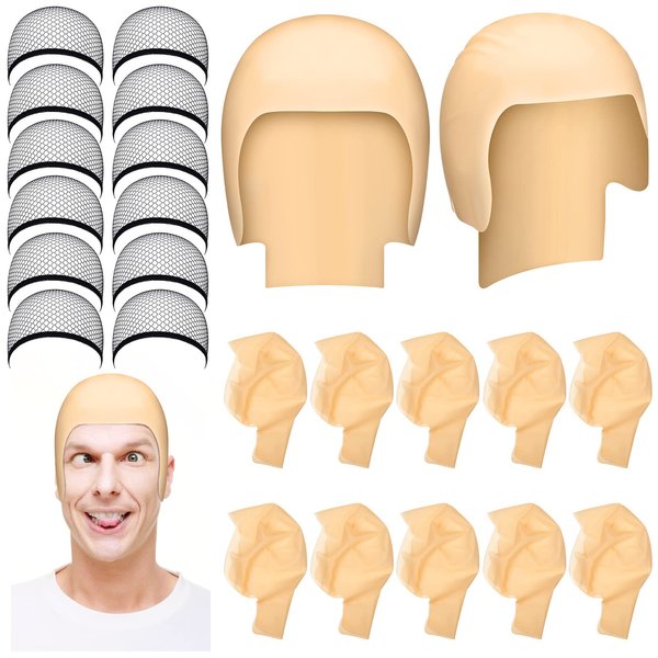 Chunyin 24 Pieces Halloween Bald Caps Makeup Latex Bald Head Wig Cap Set Bald Hat Cosplay Black Mesh Weaving Hair Net for Adults Makeup Party Theme Costume Accessories