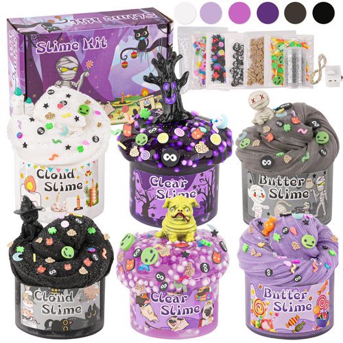 6 Packs Purple Black Slime Kit - Cloud Slime, Butter Slime & Clear Slime, Slime for Kids with Halloween Slime Add-ins, Slime Kit for Boys & Girls Birthday Halloween Party Favors Christmas Easter Gifts
