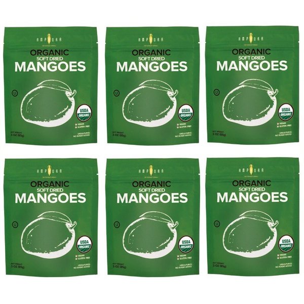 Amphora Dried Mango - Organic Soft Dried Mangoes No Sugar Added - Vegan and Gluten-Free Snack - 3 Oz (Pack of 6)