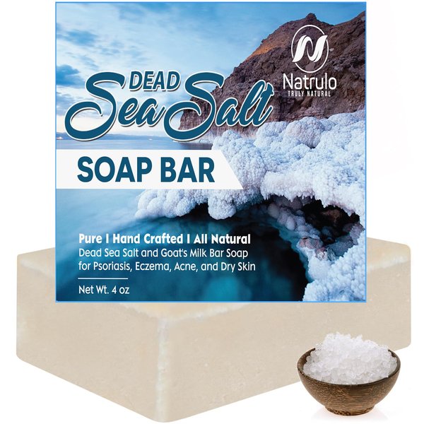 Natrulo Dead Sea Salt Soap Bar for Face & Body, 4oz – Pure Organic All Natural Goat's Milk Bar Soap for Psoriasis, Eczema, Acne, Dry Skin – Cleansing, Exfoliating, Brightening, Smoothing, Nourishing
