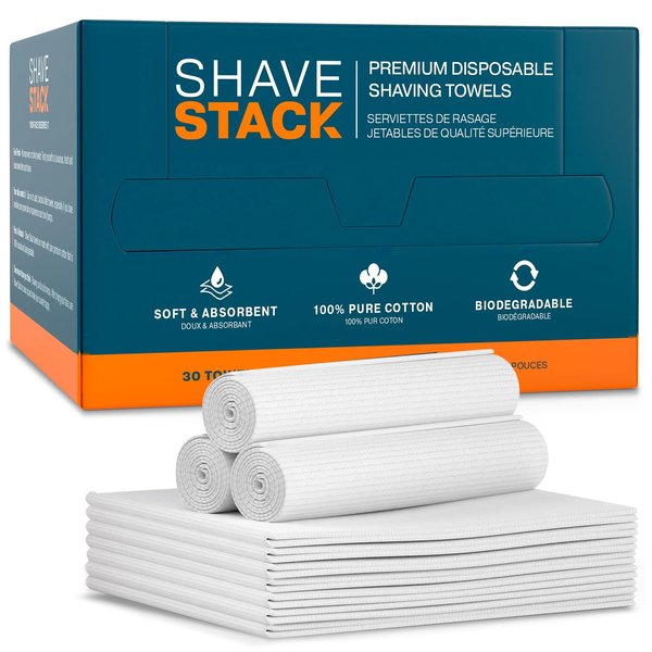 SHAVE STACK 100% Cotton Shaving Towels for Men - 30 Ct, 12 x 10” - Super Soft Face Towel for Drying Face, Disposable Dry Wipes & Wash Cloths in One, Ideal Shaving Kit Accessory & Barber Supplies