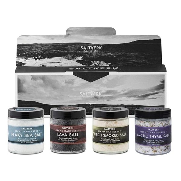 Saltverk Gift Box Set of 4 - Lava, Birch Smoked, Thyme, Flaky Sea Salt - Hand Harvested Gourmet - Eco-Friendly - 3.17 Ounce Each.
