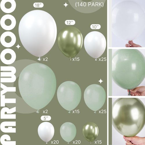 PartyWoo Boho Green and Gold Balloons, 140 pcs Boho Green and Chrome Gold Balloons Different Sizes Pack of 18 Inch 12 Inch 10 Inch 5 Inch for Balloon Garland as Birthday Decorations, Party Decorations