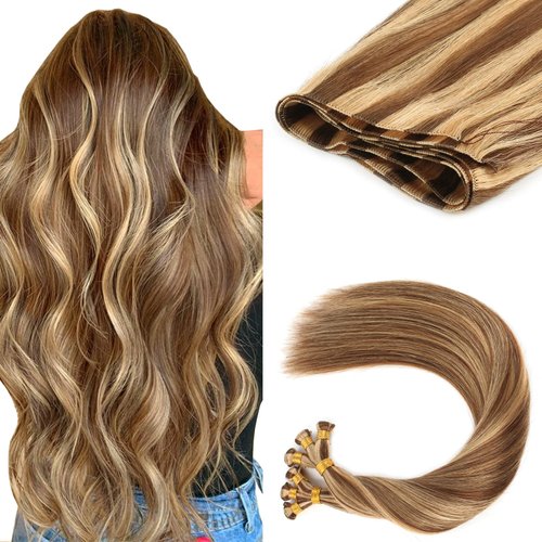 ABH AMAZINGBEAUTY HAIR Sew in Highlighted Hand Tied Weft Hair Extensions, Sew In Extensions Remy Human Hair Thick Ends, Chocolate Brown With Caramel Blonde Highlights Color P4-27, 50 Gram, 20 Inch