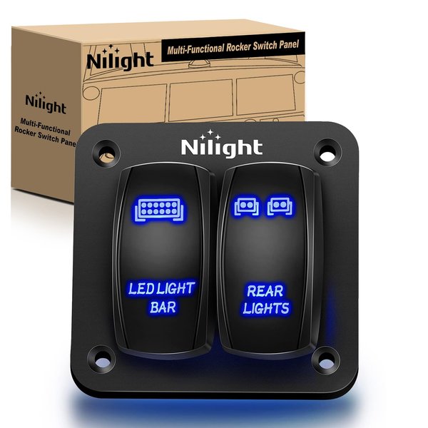Nilight 90104B 2Gang Aluminum Laser Rear LED Light Bar Rocker 12/24V 5Pin ON/Off Pre-Wired Toggle Switch Panel for Marine Boat Car ATV UTV,2 Years Warranty Blue