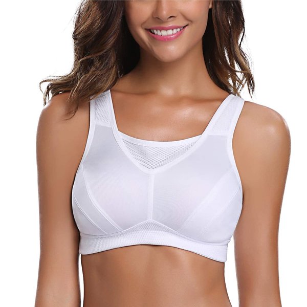 Wingslove Women's High Impact Sports Bra Full Coverage Wirefree Non Padded Workout Bra Plus Size(White,34B)