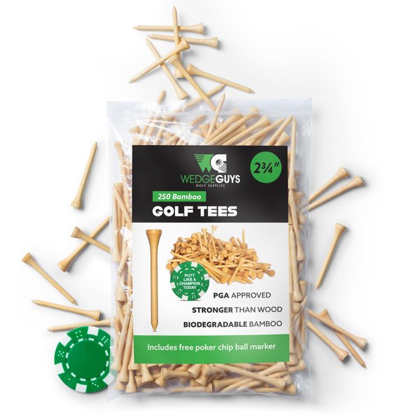 Wedge Guys Bamboo Golf Tees 2-3/4 Inch - 250pcs. - Free Ball Marker - Stronger Than Wooden Golf Tees Biodegradable & Less Friction, PGA Professional Approved, Bulk Bag
