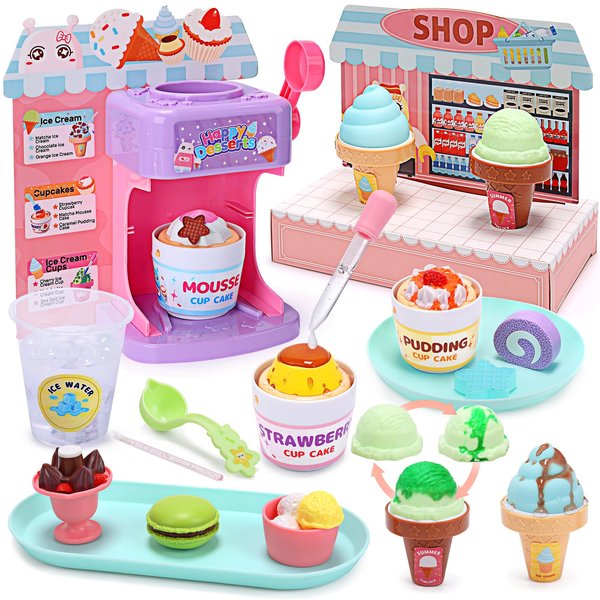 CUTE STONE Color Changing Ice Cream Play Set, Tea Party Set for Little Girls with Toy Ice Cream, Play Desserts, Play Food and Accessories，Kids Kitchen Pretend Play for Girls Boys