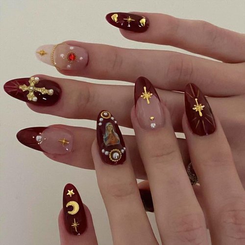 Almond Press on Nails French Tip Fake Nails Gold Glue on Nails Medium False Nails with Charms Cross 3D Nail Gems Rhinestones Peal Moon Nail Gems Design Red Nails Press on Acrylic Nails for Women Girls