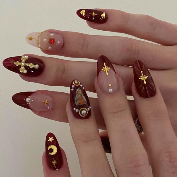 Almond Press on Nails French Tip Fake Nails Gold Glue on Nails Medium False Nails with Charms Cross 3D Nail Gems Rhinestones Peal Moon Nail Gems Design Red Nails Press on Acrylic Nails for Women Girls