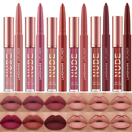 LANGMANNI 6 Matte Lipstick with 6 Lipliners Durable Makeup Set,Long-Lasting Non-Stick Cup Not Fade Waterproof Pigmented Velvet Lipgloss Kit Beauty Cosmetics Makeup Gift for Girls (#A)