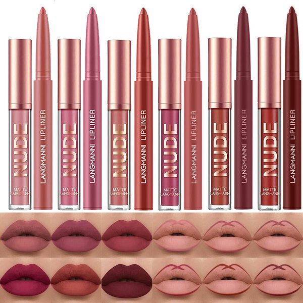 LANGMANNI 6 Matte Lipstick with 6 Lipliners Durable Makeup Set,Long-Lasting Non-Stick Cup Not Fade Waterproof Pigmented Velvet Lipgloss Kit Beauty Cosmetics Makeup Gift for Girls (#A)