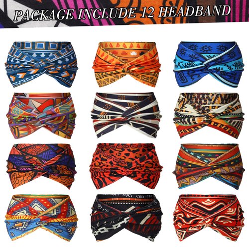 XunYee 12 Pcs African Wide Headbands for Women Hair Wrap Boho Yoga Twisted Knot Accessories Assorted Bandeau Headbands Wide Elastic African Gifts Hair Accessories for Girls Lady Running Sports