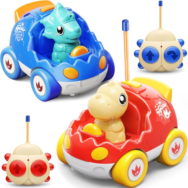 Dinosaur Toys for 2 3 4 5 6 Years Old, 2 Pack Remote Control Cars, Race Cars for Kids, Toddlers Dino RC Car Toys with Music, Xmas, Birthday Gifts for Boys&Girls(Red Blue)