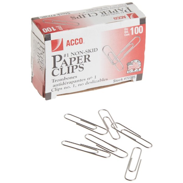 ACCO Brands 72385 Nonskid Economy Paper Clips, Steel Wire, No. 1, Silver, 100/Box, (ACC72385) (Pack of 10)