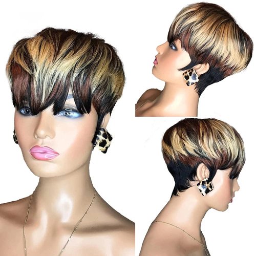 Sumcas Pixie Cut Wigs for Black Women Human Hair Short Bob Wigs with Bangs Black Mixed Brown Highlight Color Wigs African American 1B/4/27 Mixed Color