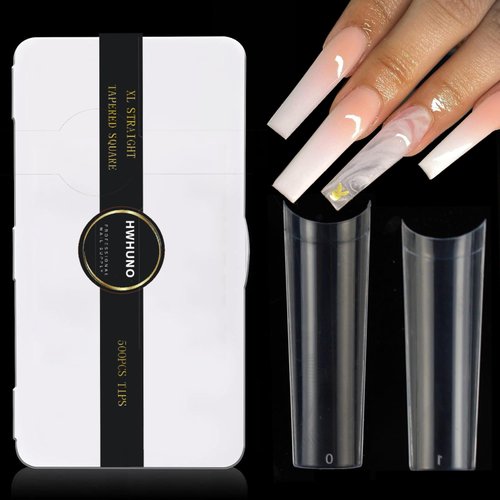 HWHUNO XL Tapered Square Nail Tips No C Curve,500Pcs Clear Medium Half Cover Coffin Nail Tips for Acrylic Nails Professional Salon and DIY Nail Art 10Size with Case