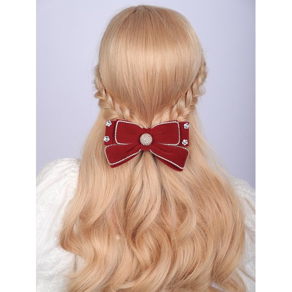 Wiwpar Rhinestone Red Velvet Bow Hair Clip Non-Slip Bowknot Hairpin Clips French Barrettes Hair Clips Ponytail Holder Christmas Prom Hair Accessories for Women Girls Kids Teens Birthday Gifts (Red)