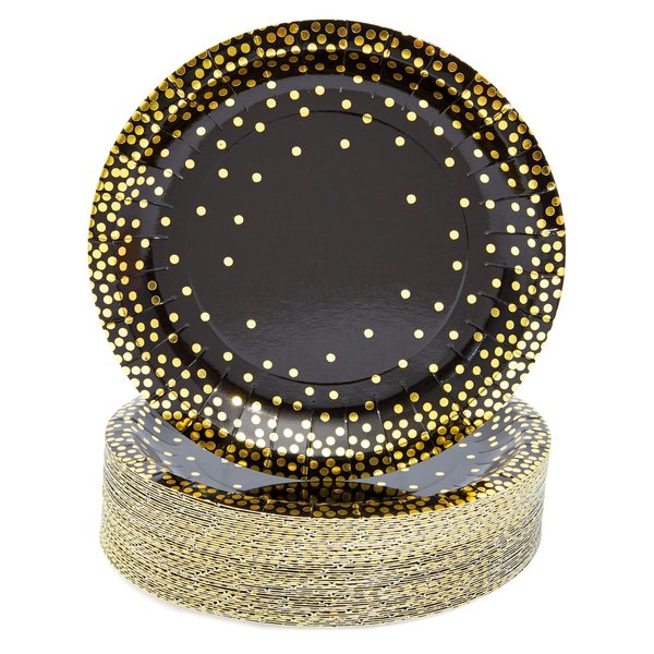 48-Pack Black and Gold Party Plates, 7 Inch Paper Plates for Birthday Cake and Desserts