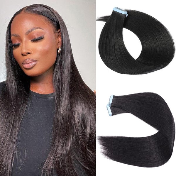 40 Pcs Light Yaki Tape in Hair Extensions Human Hair Yaki Straight Tape in Extensions for Black Women Urbeauty Seamless Invisible Tape Hair Extensions Real Human Hair Natural Black Color 14 Inch