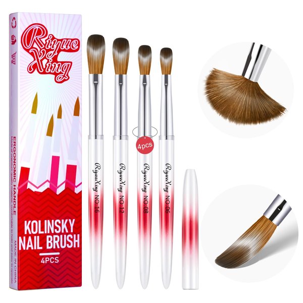 4PCS Acrylic Nail Brush Set, Size 6/8/12/16. Kolinsky Hair,Oval Crimped Pressed Shaped Acrylic Nail Brushes,Red Metal Handle Acrylic Powder Brush Set Professional Manicure For DIY Home Salon