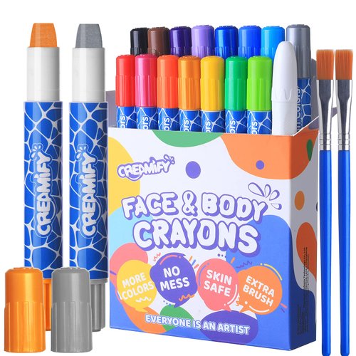 Creamify Face Painting Kits for Kids - 16 Colors Twistable Face Paint Marker Sticks with 2 Brushes, Washable Face Paint Crayons Kit, Birthday, Halloween, Cosplay Makeup and Body Paints for Children Adults