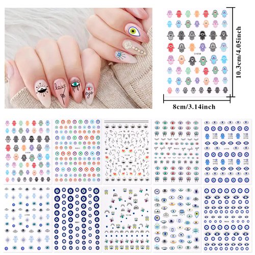 BENOSPACE 10 Sheets Evil Eye Nail Art Stickers Decals Cartoon Hamsa Hand Polka Dot Blue Eyes Pattern Hand of Fatima Nail Design 3D Self-Adhesive Nail Art DIY Decoration Accessories for Women Girls