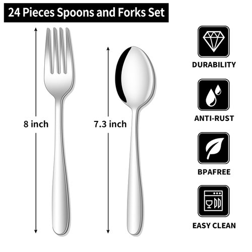 24-piece Forks and Spoons Silverware Set, Amafox Food Grade Stainless Steel Flatware Cutlery Set for Home, Kitchen and Restaurant, Spoons and Forks Set, Dinner forks Mirror Polished, Dishwasher Safe