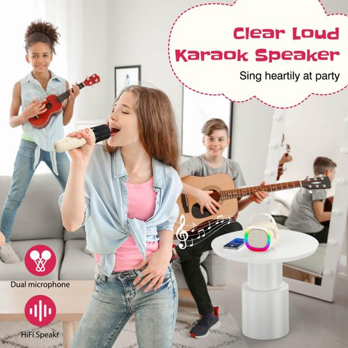 LENRUE Karaoke Machine for Kids with 2 Wireless Microphone, 4 Magic Voices, Karaoke for Girls Boys, Best Birthday Gifts for Kids 4, 5, 6, 7, 8, 9, 10, 11, 12+ (Beige 2 Mic)