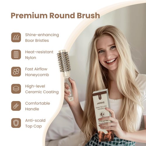 AIMIKE Round Brush, 1.3 Inch Barrel, Nano Thermal Ceramic & Ionic Tech, Boar Bristles, for Blow Drying, Styling, Curling and Shine, Gold + 4 Clips