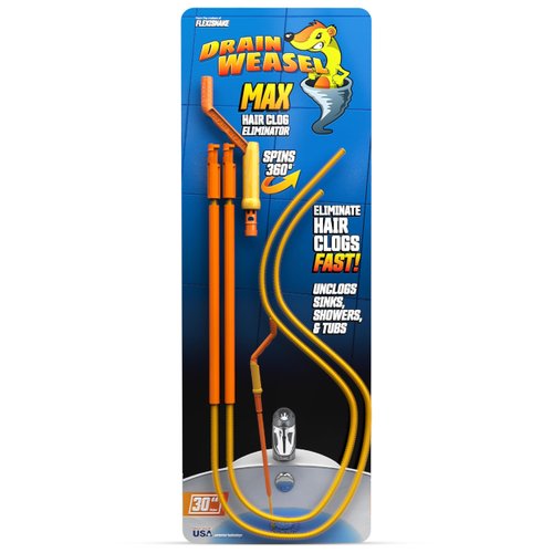 FlexiSnake Drain Weasel Sink Snake Hair Clog Remover Tool, Pipe, Bathroom, Bathtub Drain Cleaner, 30", Made in The USA, 2 Wands and Handle