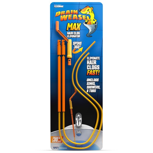 FlexiSnake Drain Weasel Sink Snake Hair Clog Remover Tool, Pipe, Bathroom, Bathtub Drain Cleaner, 30", Made in The USA, 2 Wands and Handle