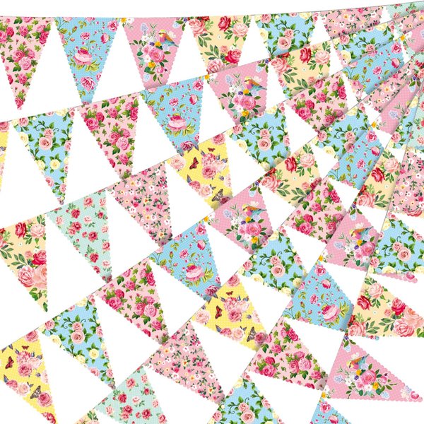 Faccito 49 Ft 60 Pcs Tea Floral Party Paper Bunting Decor Outdoor Bunting Banner Floral Pennant Banner Tea Party Birthday Supplies for Wonderland Tea Party Favor Garden Baby Shower Bridal Wed Bedroom