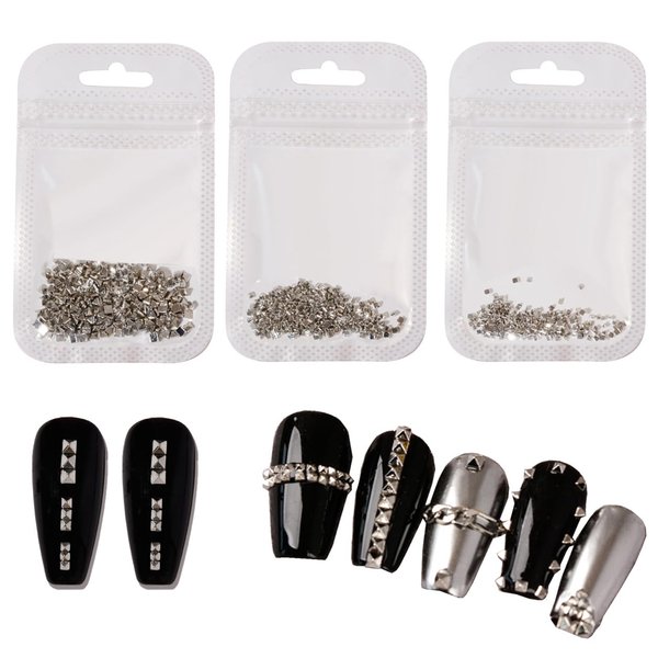 3 Packs Nail Art Punk Rivets Nail Rivets Nails Craft Flatback Spike Studs Punk Style Pointy Top Square Metallic Nail Studs Nail Art Charms Nail Supplies for DIY Manicure Tips Craft, 3 Size, Silver