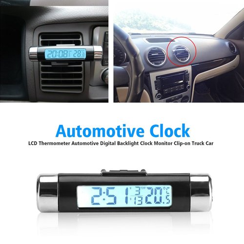 LCD Display Digital Clip on Car Clock Thermometer Temperature Meter Gauge Automotive Mini Clock Monitor with Backlight for Truck Car(Blue Backlight)