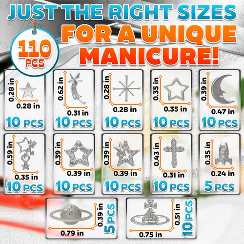110 Pcs Silver Nail Charms and Gems - Complete Art Set with Cross, Planet, Piercing Ring & Silver Star Nail Charms Designs with Rhinestones - Easy-to-Apply, Sturdy Acrylic for Stylish Manicures