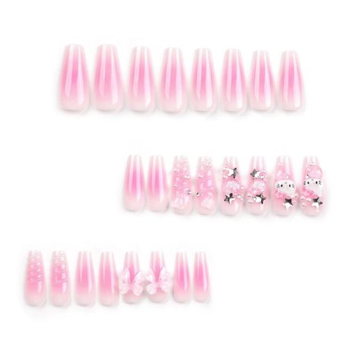 Nail Apparel Y2K Long Coffin Cute Kawaii Press on Nails 3D Cartoon Pink Glitter Rhinestone Heart Pearl Bow Long Ballet Trapezoid Fake Nails 24Pcs (Jelly Pink Kitty 3D Heart)