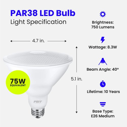 Feit Electric LED PAR38 Bulbs, 75W Equivalent, Non Dimmable, 5000k Daylight, 750 Lumens, 10 Year Lifetime, E26 Base, PAR38 Flood Lights, CRI 90, Damp Rated, 4 Pack, PAR38/950CA10K/MP/4