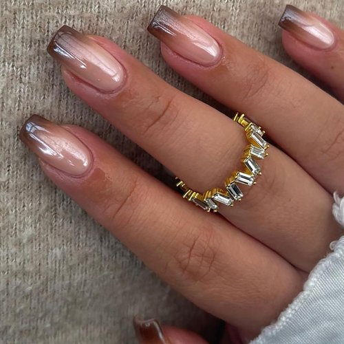 Brown Chrome Press on Nails Medium Square SWEKKE French Tip Fake Nails Brown Obrem False Nails Full Cover Stick on Nails Mirror Glossy Glue on Nails Acrylic Nails for Women Girls 24Pcs