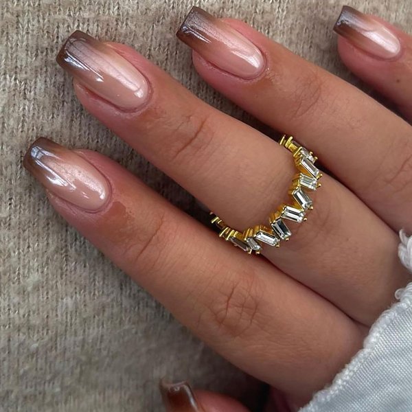 Brown Chrome Press on Nails Medium Square SWEKKE French Tip Fake Nails Brown Obrem False Nails Full Cover Stick on Nails Mirror Glossy Glue on Nails Acrylic Nails for Women Girls 24Pcs